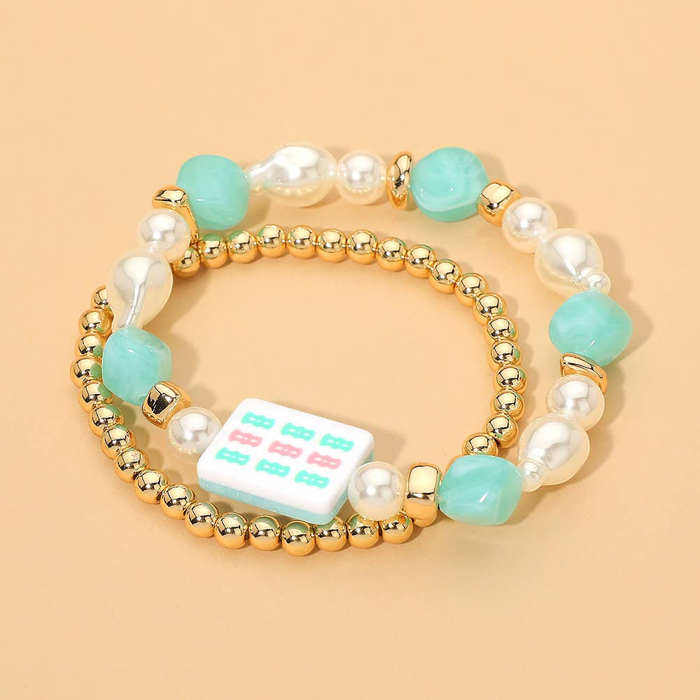 Mahjong Tile Pearl Beaded Multi Layered Bracelets - Gold,Mint