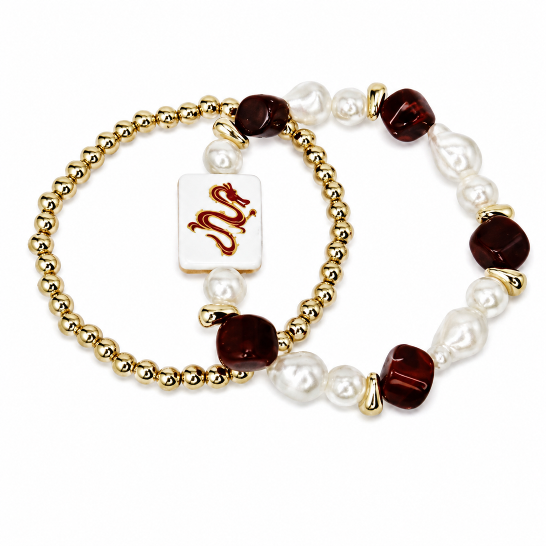Mahjong Tile Beaded Bracelet, 2-Piece Set - Sunset Dragon