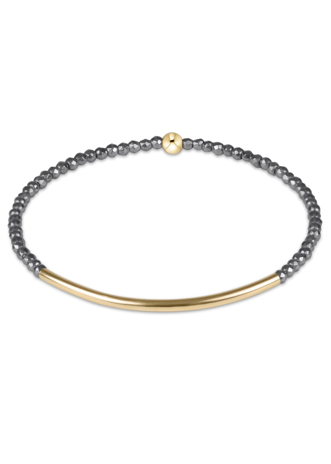 A delicate gold and dark gray beaded bracelet with a polished gold bar and a small gold accent bead, displayed on a clean white background.