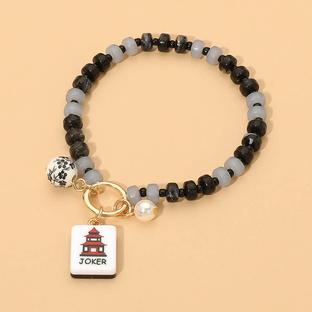 Mahjong Tile Charm Beaded Stretch Bracelet - Black