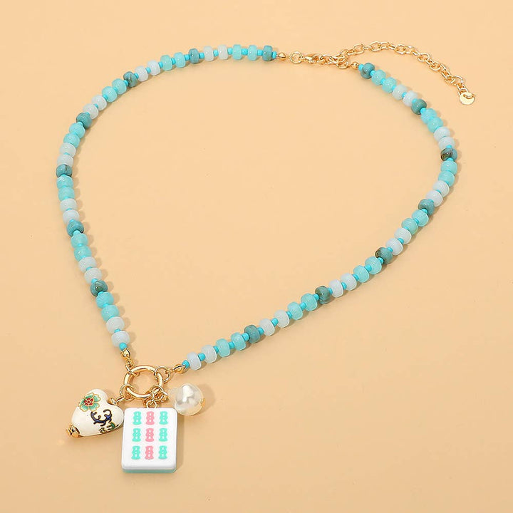 Mahjong Tile Charm Beaded Necklace - Mint