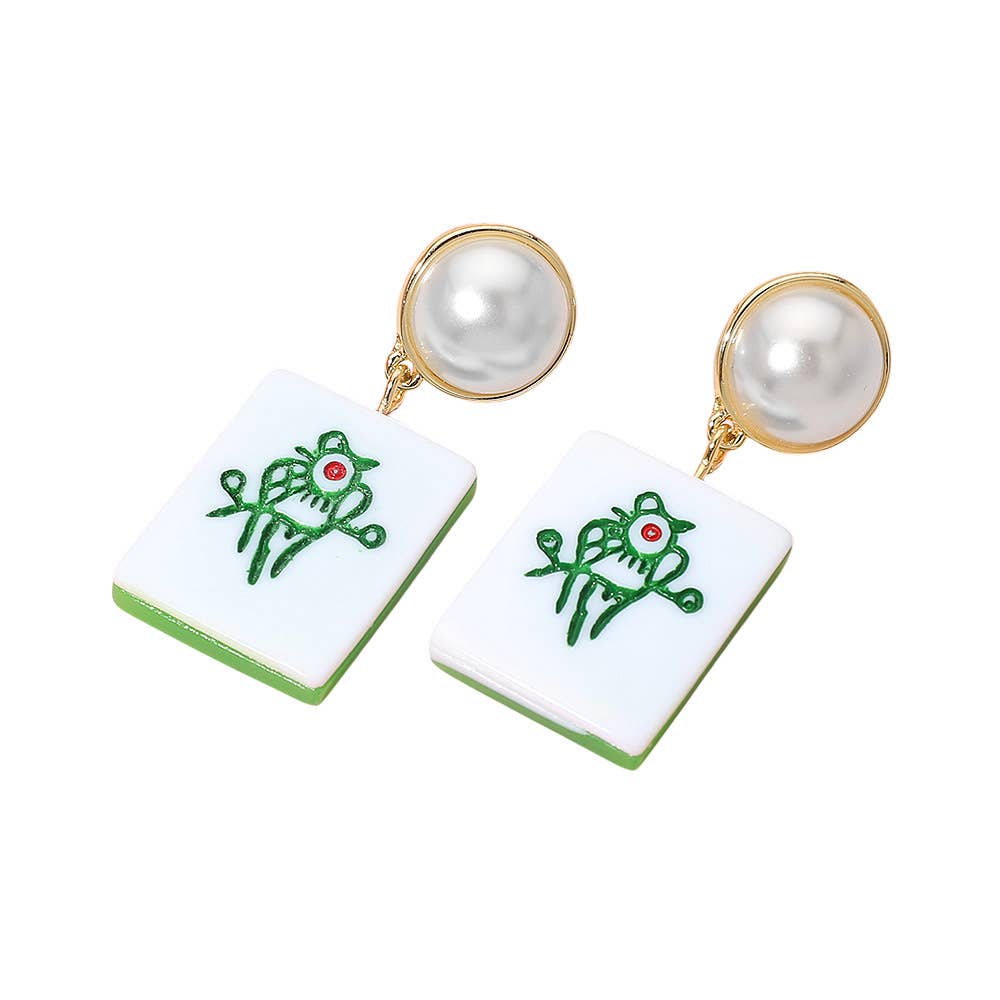 Pearl Accent Mahjong Tile Drop Earrings