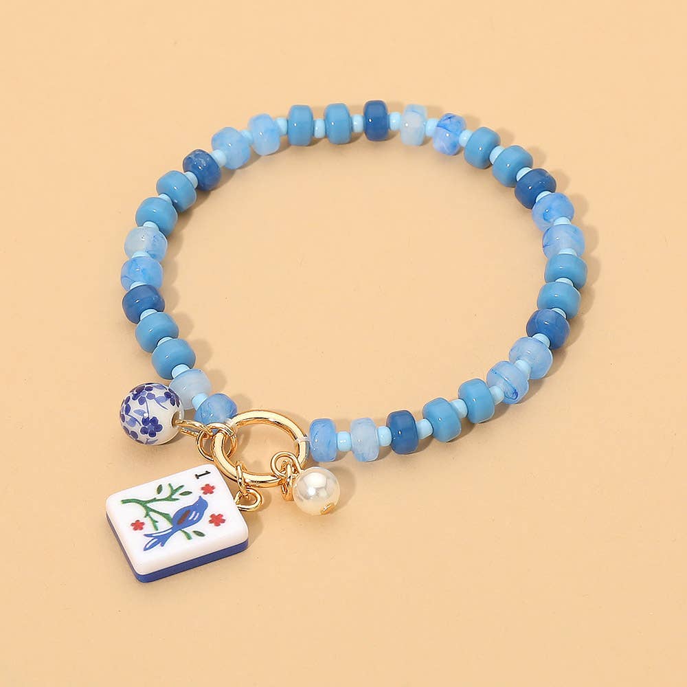 Mahjong Tile Charm Beaded Stretch Bracelet - Blue