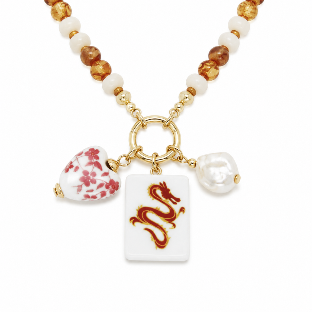 Mahjong Tile Charm Beaded Necklace - Sunset Dragon