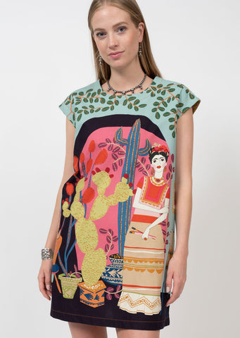 printed mini dress with leaf prints, cacti, and a beautiful abstract woman