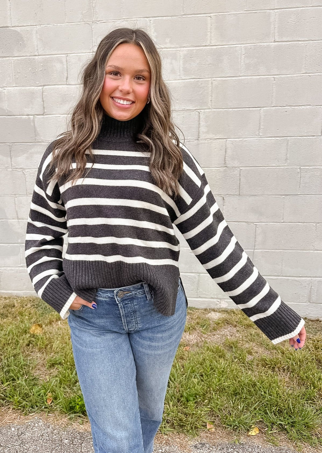 ASTR The Label Sophea Striped Turtleneck Sweater in Charcoal Cream, featuring a cozy design with horizontal stripes and a comfortable fit.