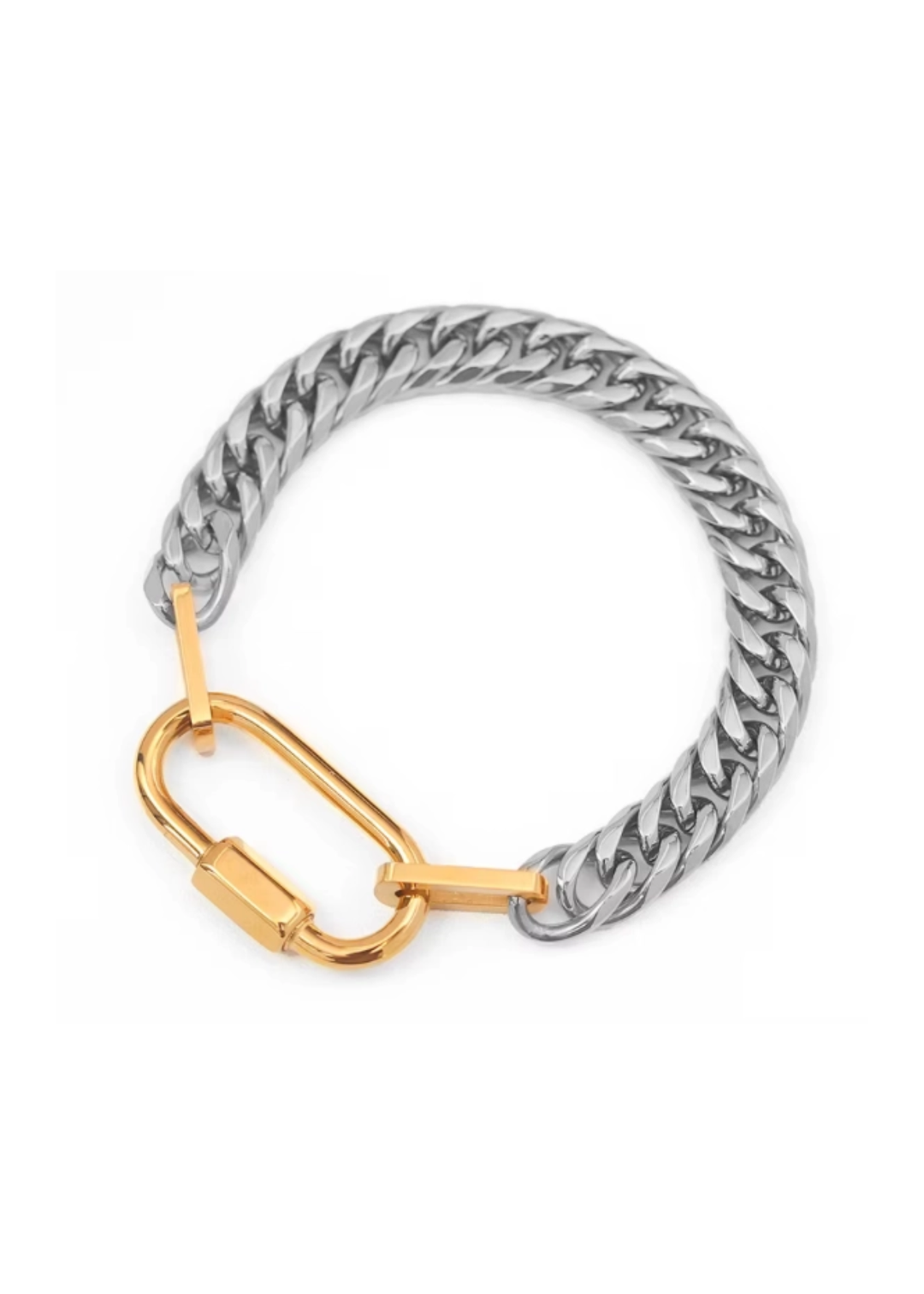 Silver chain bracelet with a gold carabiner clasp on a white background
