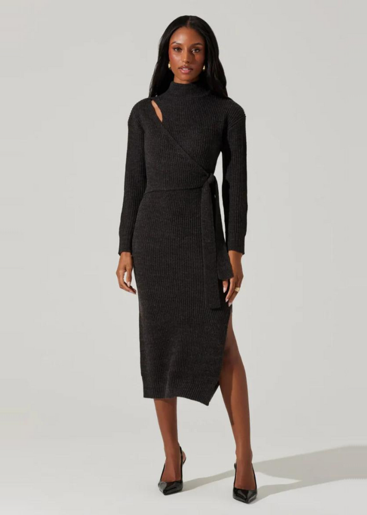 ASTR the Label Audree Sweater Dress in charcoal, featuring a ribbed texture and an asymmetrical hem with a tie waist detail.