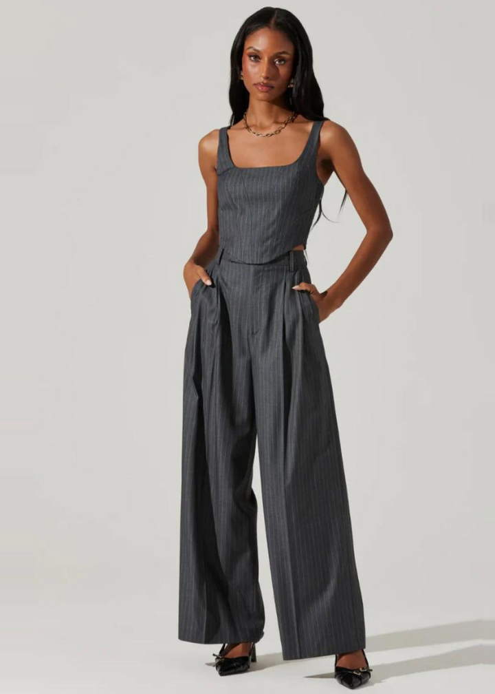 ASTR the Label Milani Wide Leg Pants in grey pinstripe, featuring a tailored wide-leg design with a high waist.