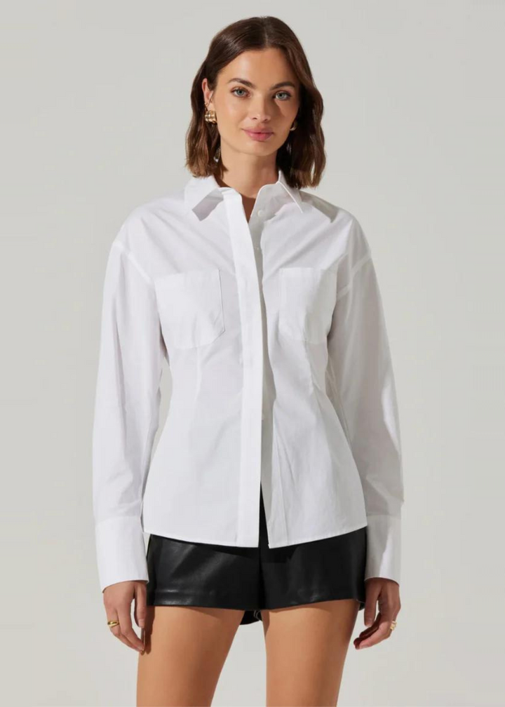 ASTR Thyra Poplin Top in white, featuring a classic button-down style with chest pockets.