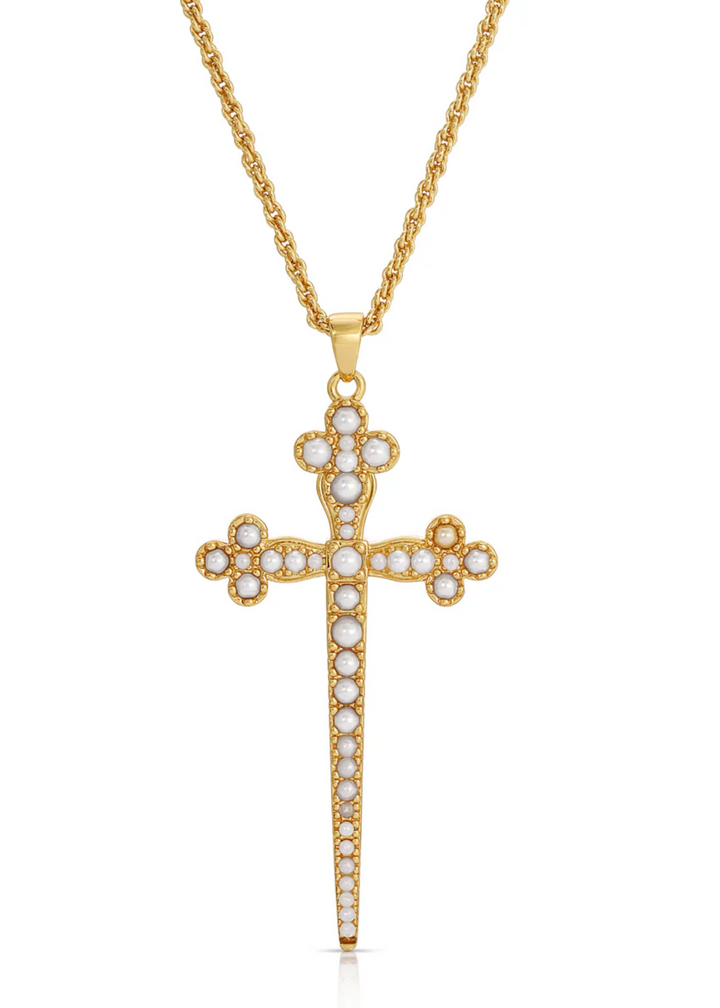 Joy Dravecky Athena Cross Necklace in Gold/Pearl