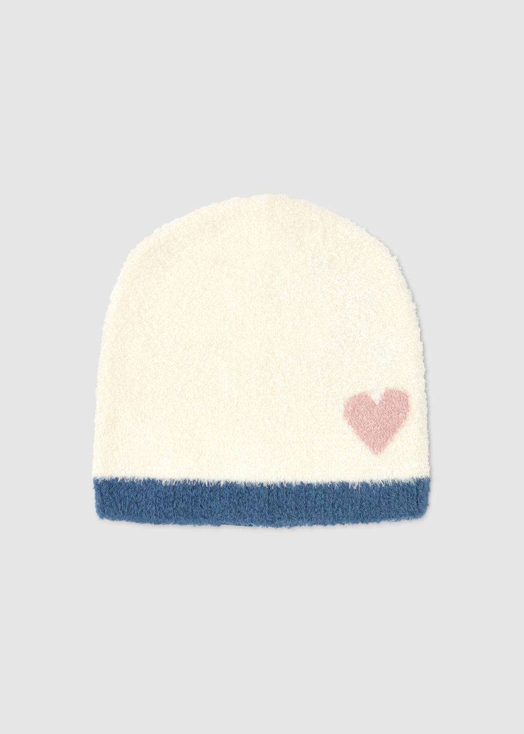 Cream baby beanie with blue trim and a pink heart