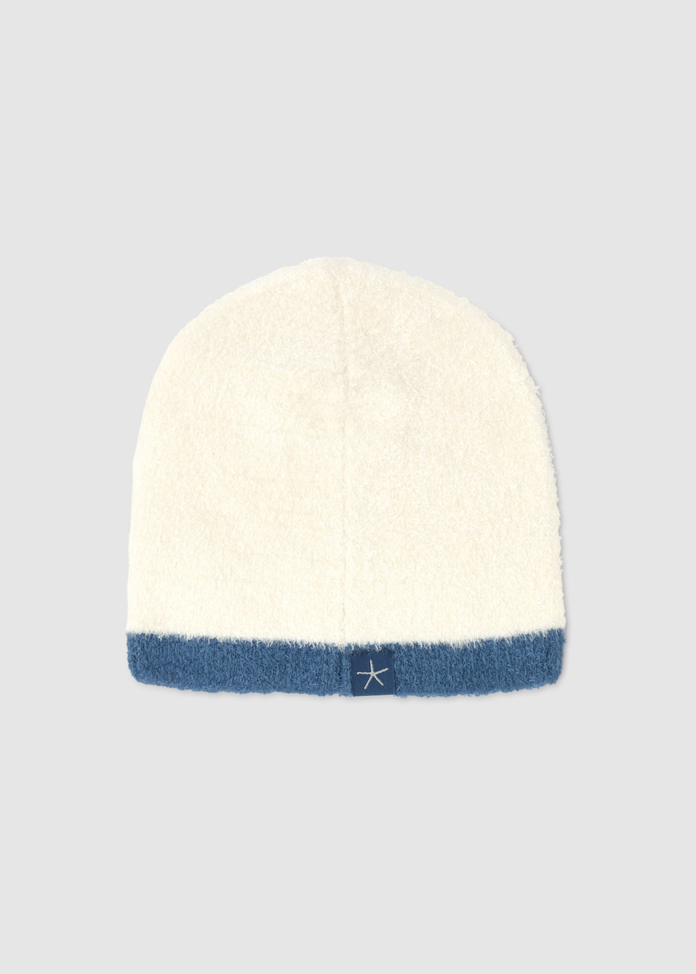 Cream baby beanie with blue trim
