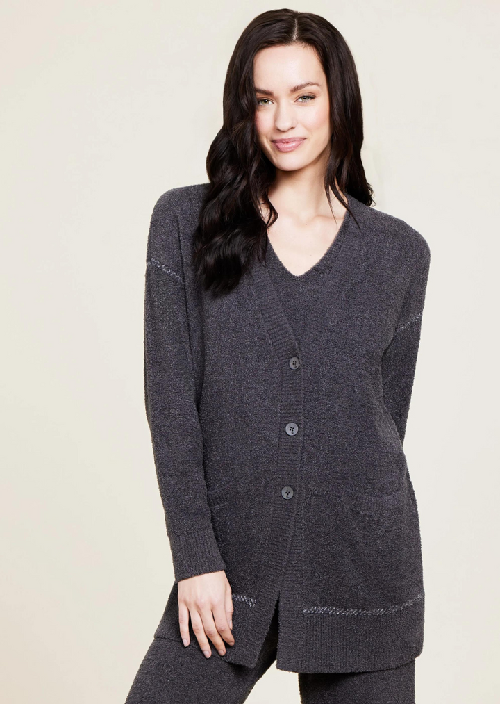 Barefoot Dreams CozyChic Lite Contrast Stitch Cardigan-Carbon/Pearl