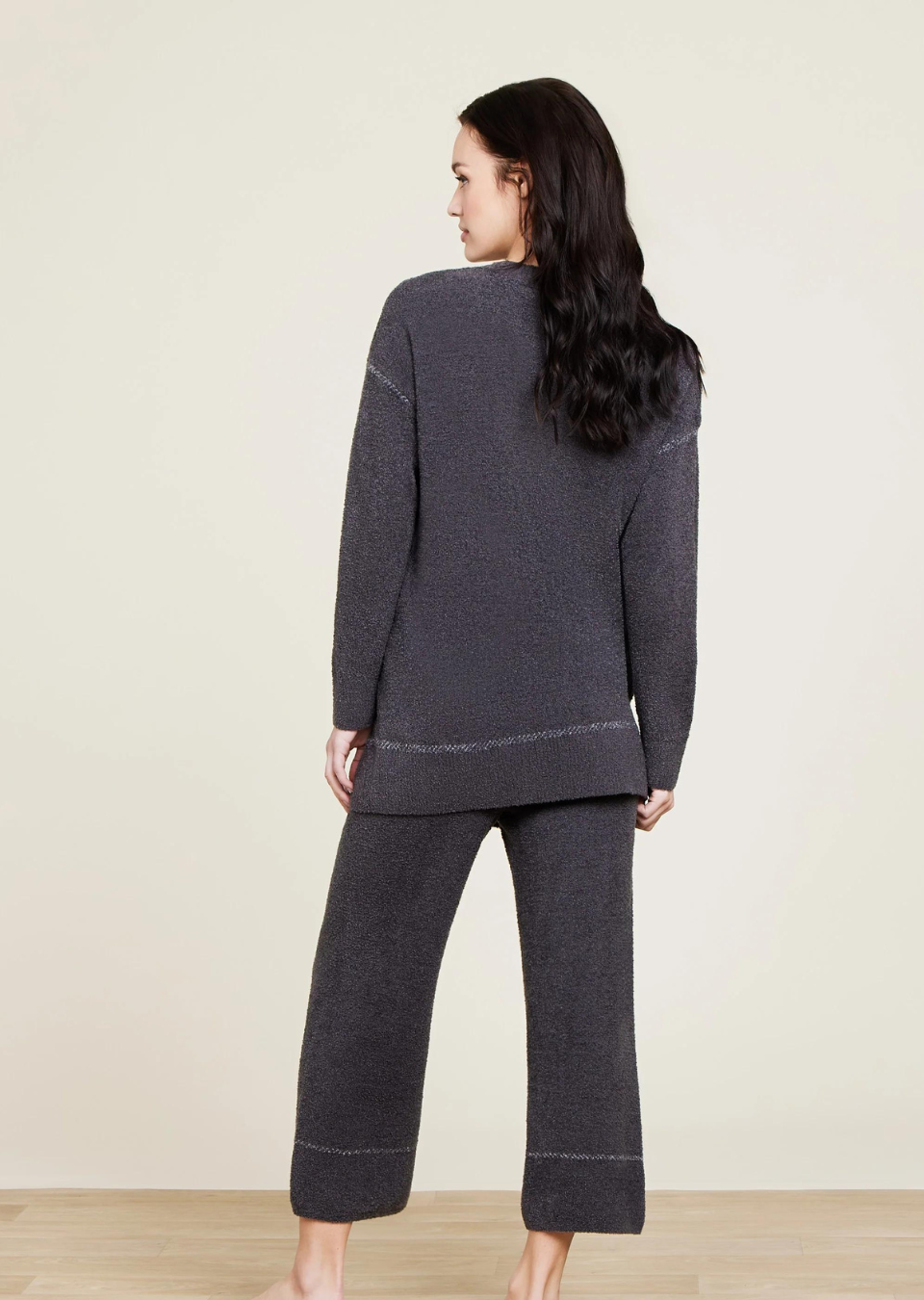 Barefoot Dreams CozyChic Lite Contrast Stitch Cardigan-Carbon/Pearl