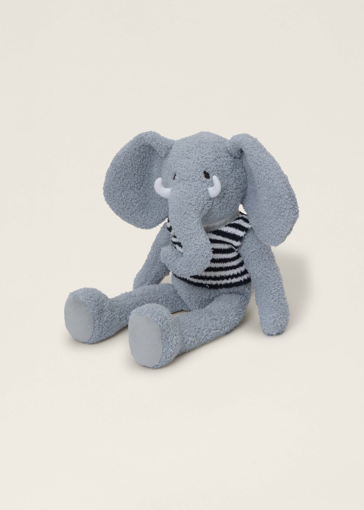 Grey mammoth stuffed animal wearing a black and white striped tee
