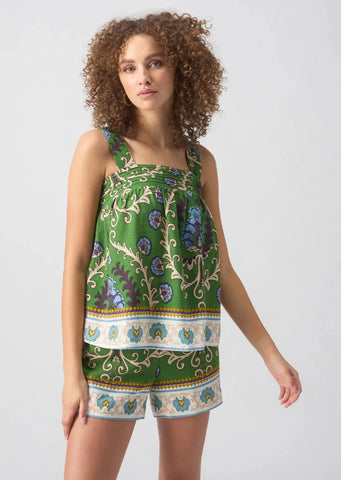 green printed high square neck cami with back buttons