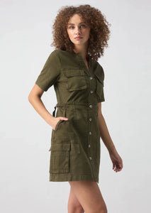 olive green cargo dress with front buttons and built in belt