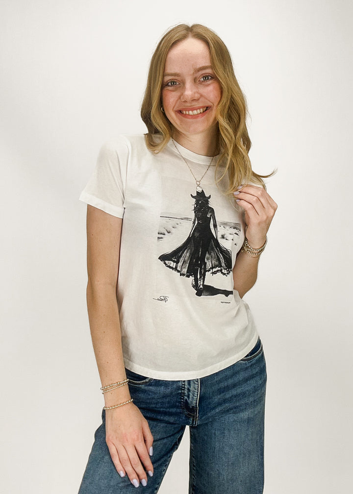 White short sleeve tee with black contrast western dress chest graphic
