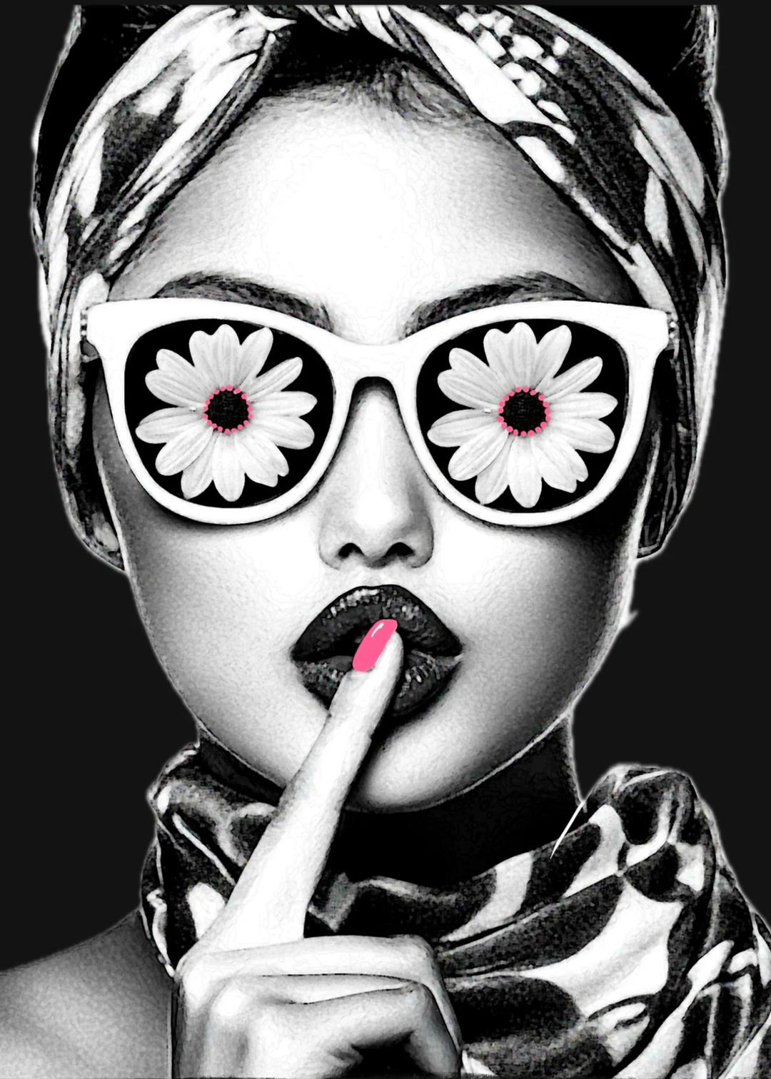 Black and white graphic with pops of pink of a woman with flower sunglasses