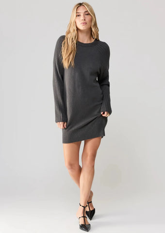 dark grey sweater mini dress with ribbed sleeves and textured hem