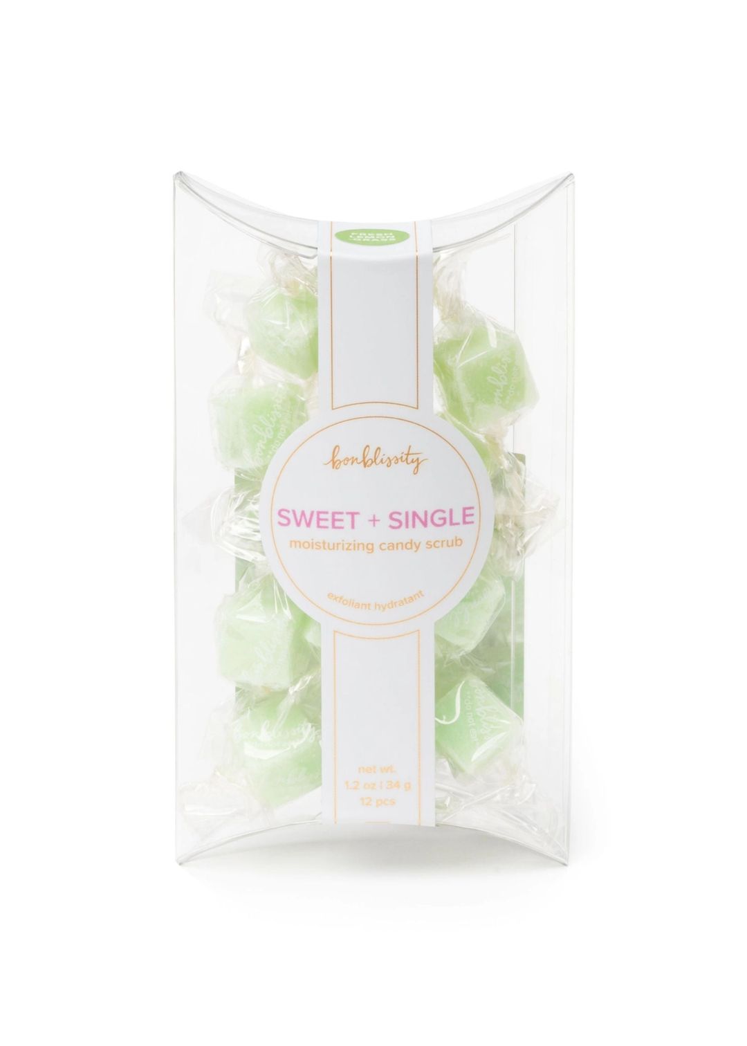 Green candy shaped sugar scrubs in a white package