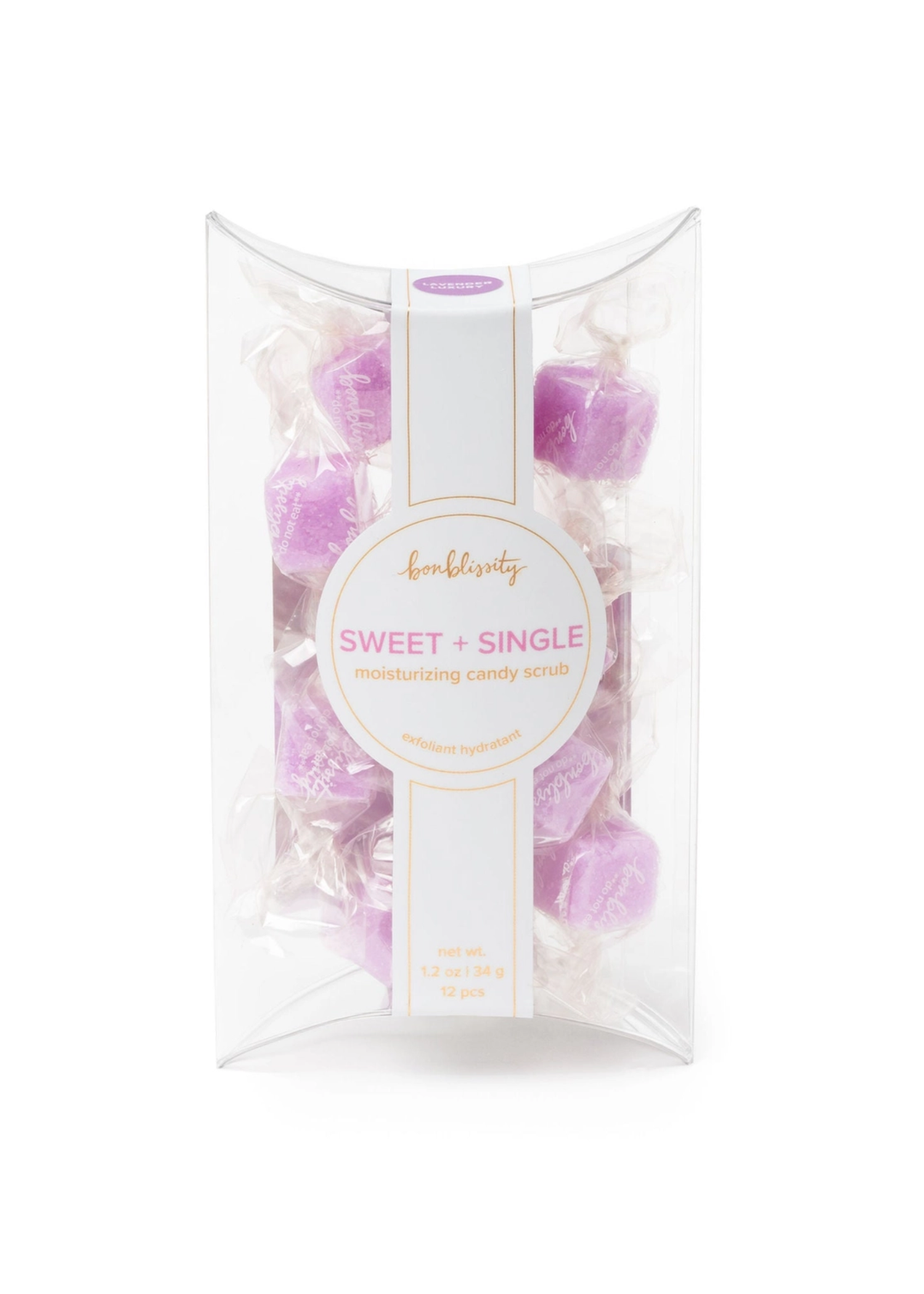 Purple candy shaped sugar scrubs in a white package