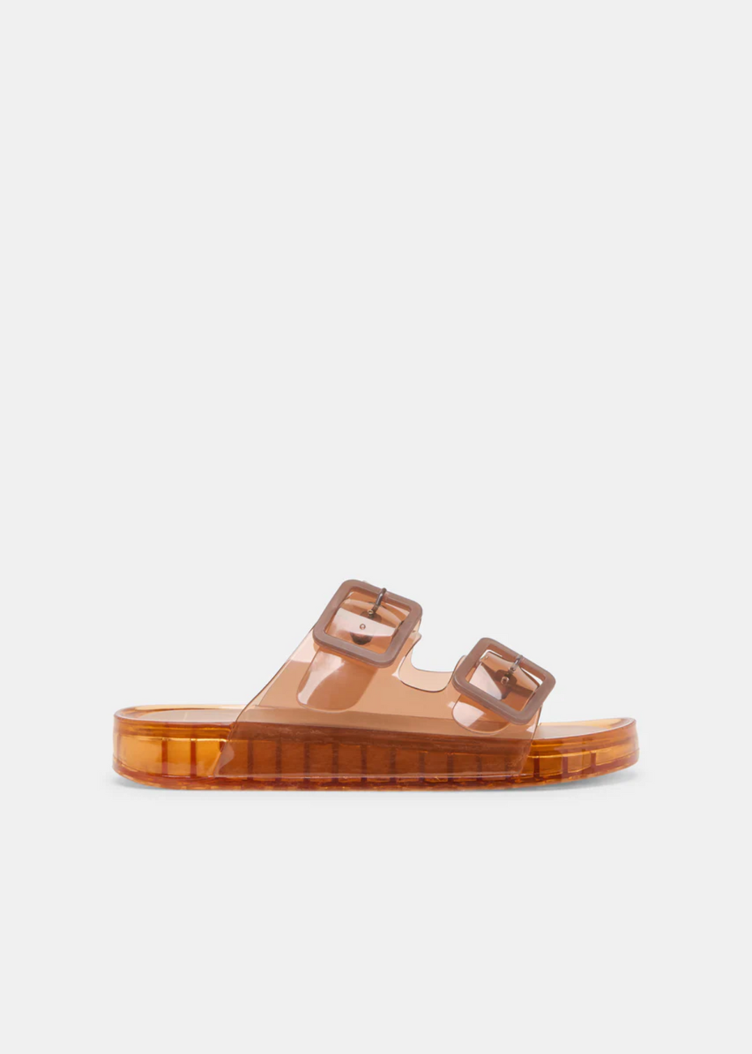 Dolce Vita whiskey brown transparent vinyl 2 strap sandals with buckle details