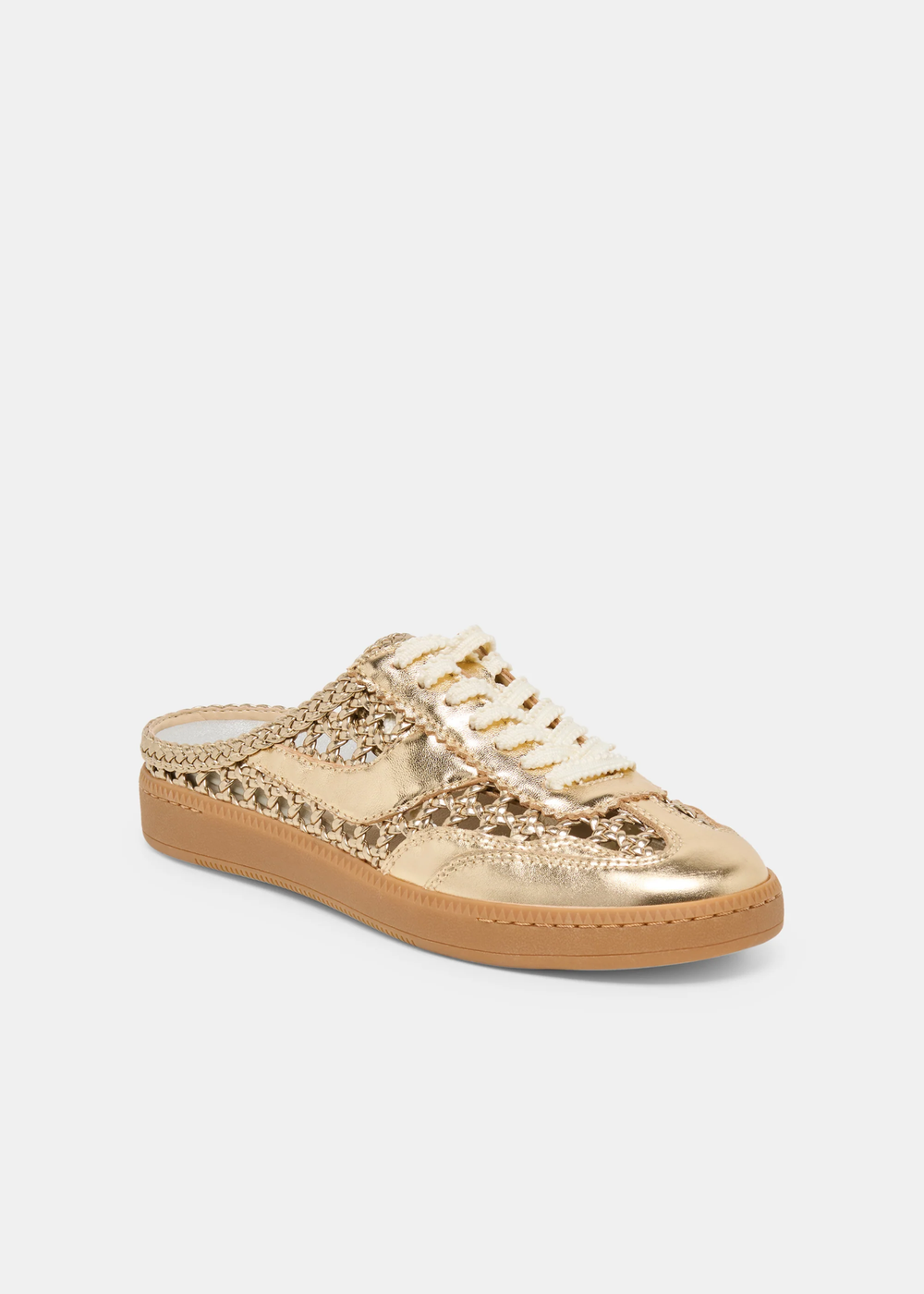 Gold woven slip on sneaker against a white background