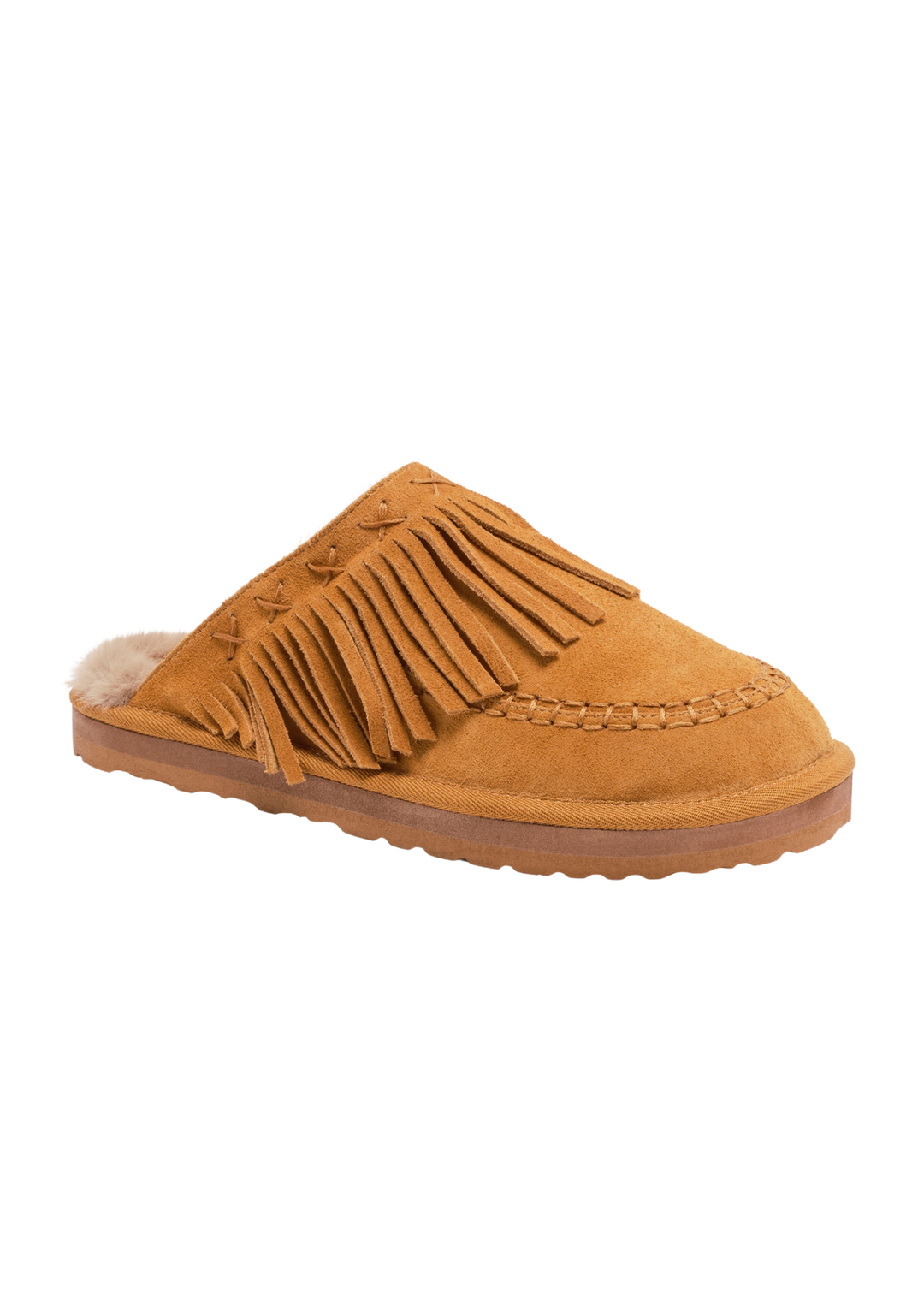 Tan fringe mule on a white background