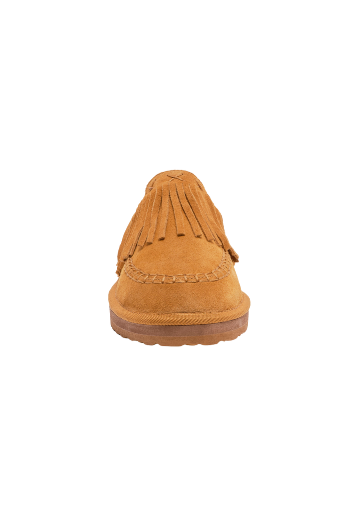 Tan fringe mule on a white background