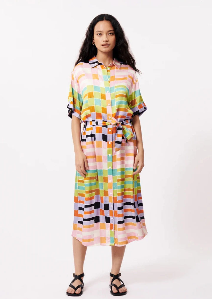 pink, blue, green, and orange geometric stripe pattern midi length dress with buttons down the front, collar, relaxed short sleeves, and flattering waist tie