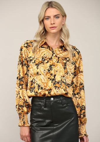 black and mustard paisley and floral print button down collared shirt with ruched cuff puff sleeves