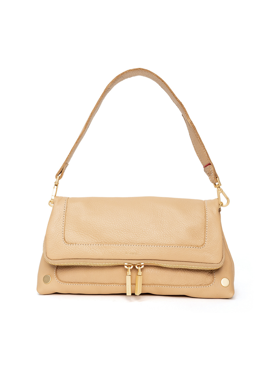 Tan handbag with gold accents against a white background