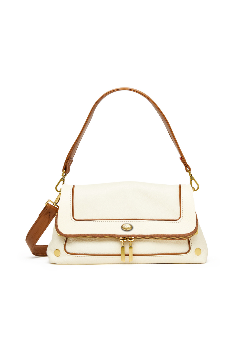 White leather purse with brown trim and gold accents