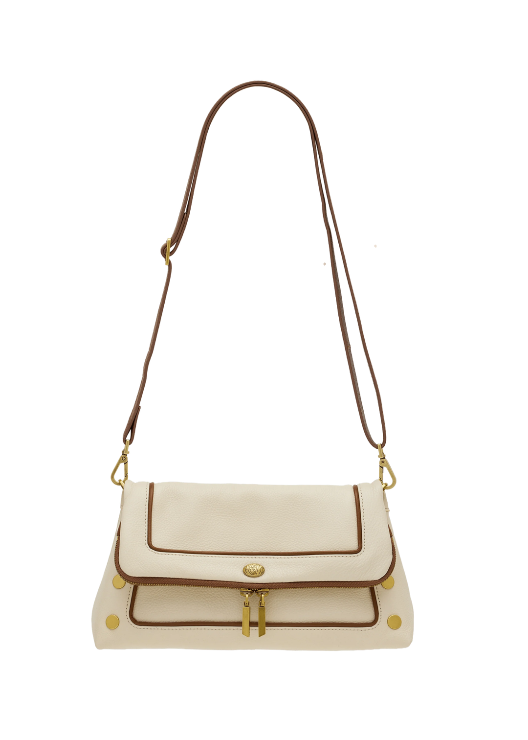 White leather purse with brown trim and gold accents