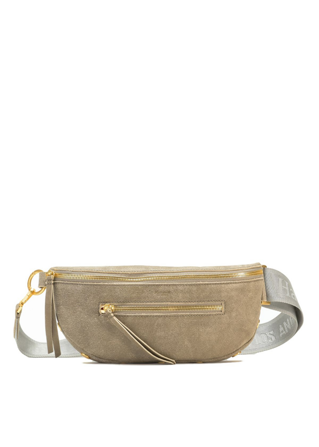 taupe suede crossbody bag with pewter grey "Hammitt" embossed strap