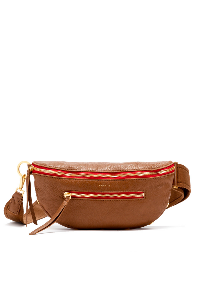 Hammitt brown leather crossbody fanny pack style bag with red and gold zippers