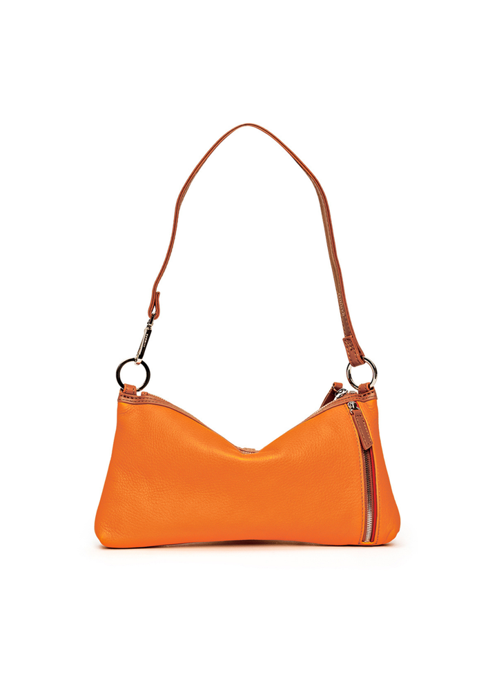 Back of an orange purse with brown leather accents and silver hardware