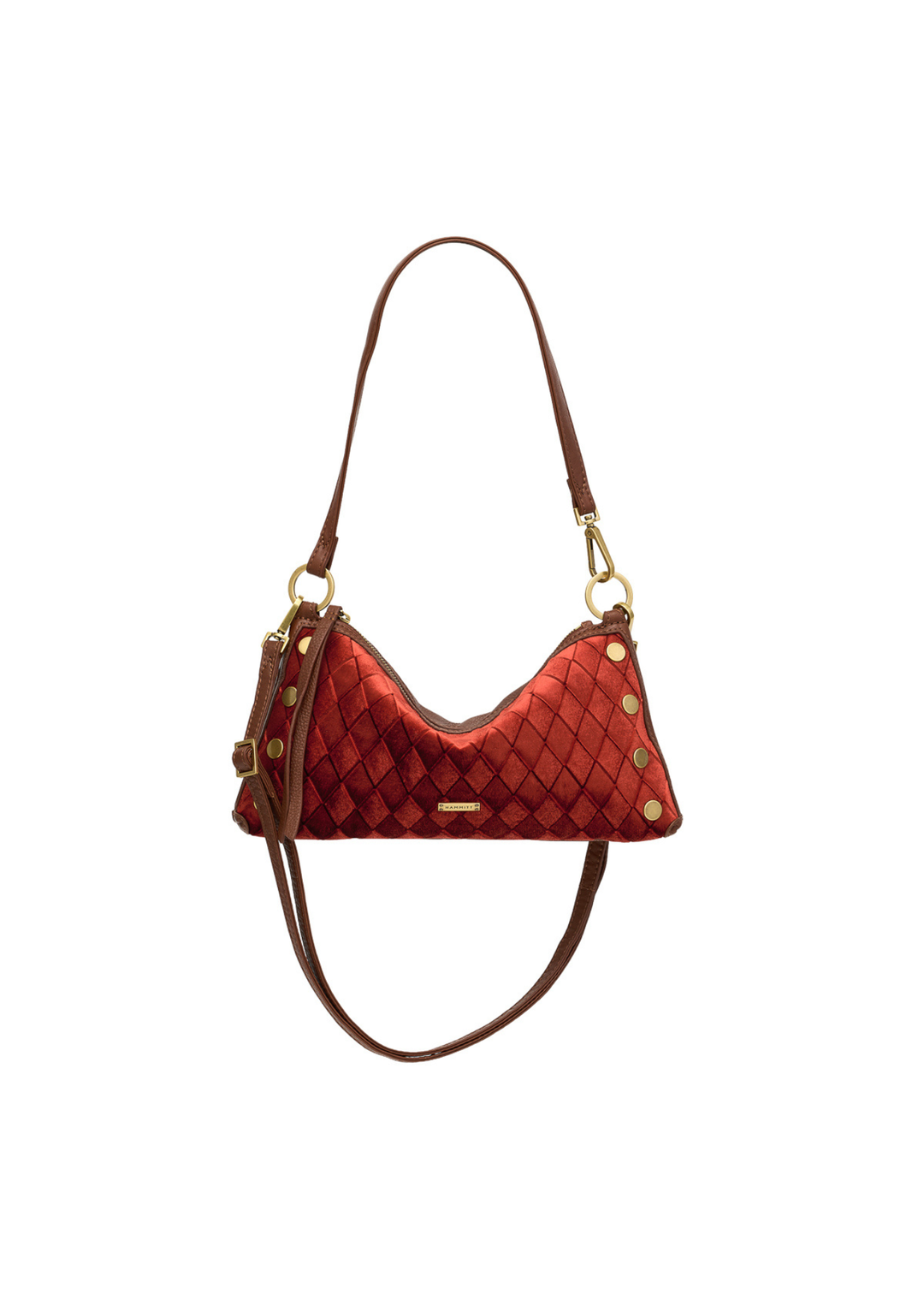 Red velvet handbag with brown and gold accents on a white background