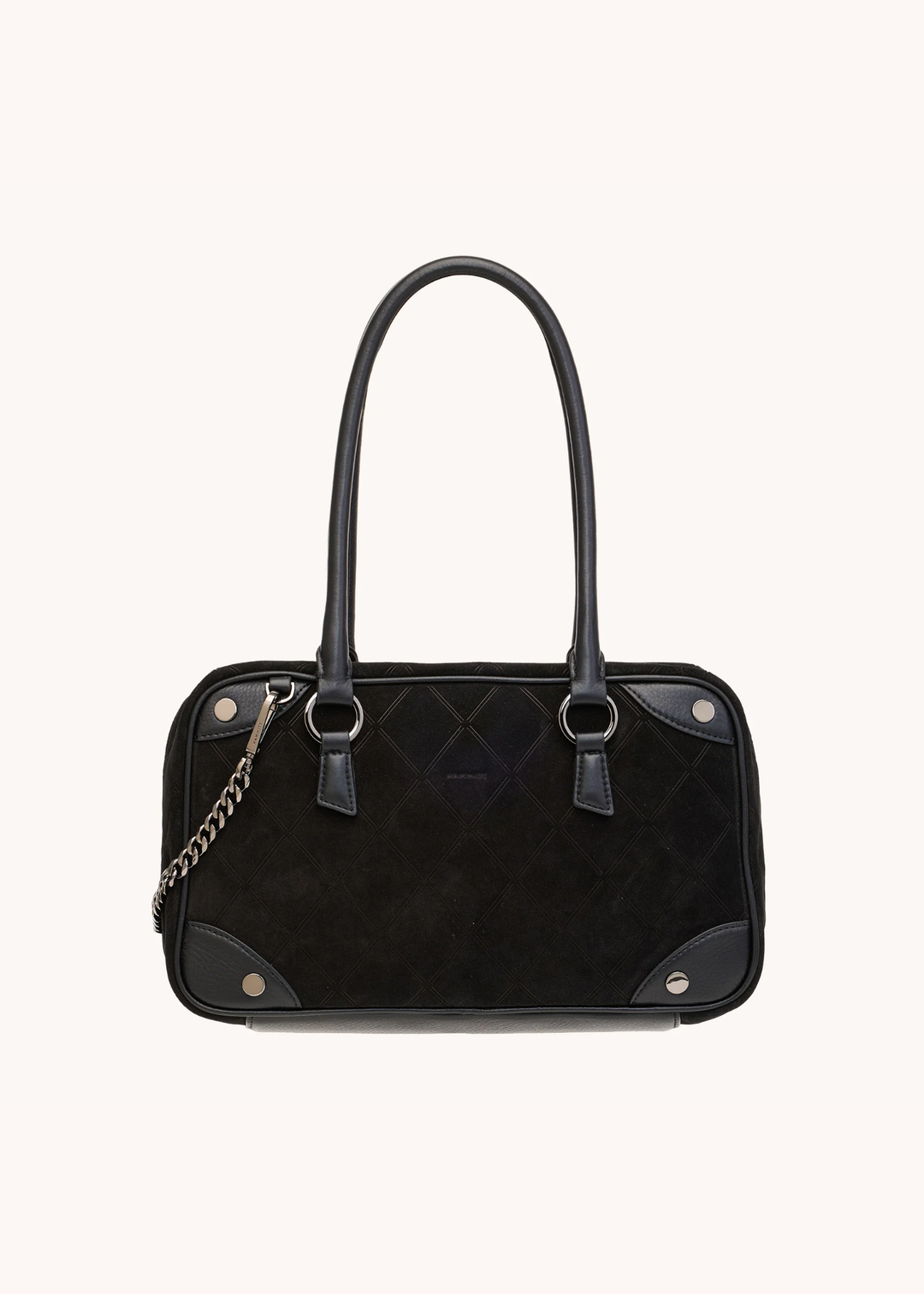 Black suede purse with a grey on a white background