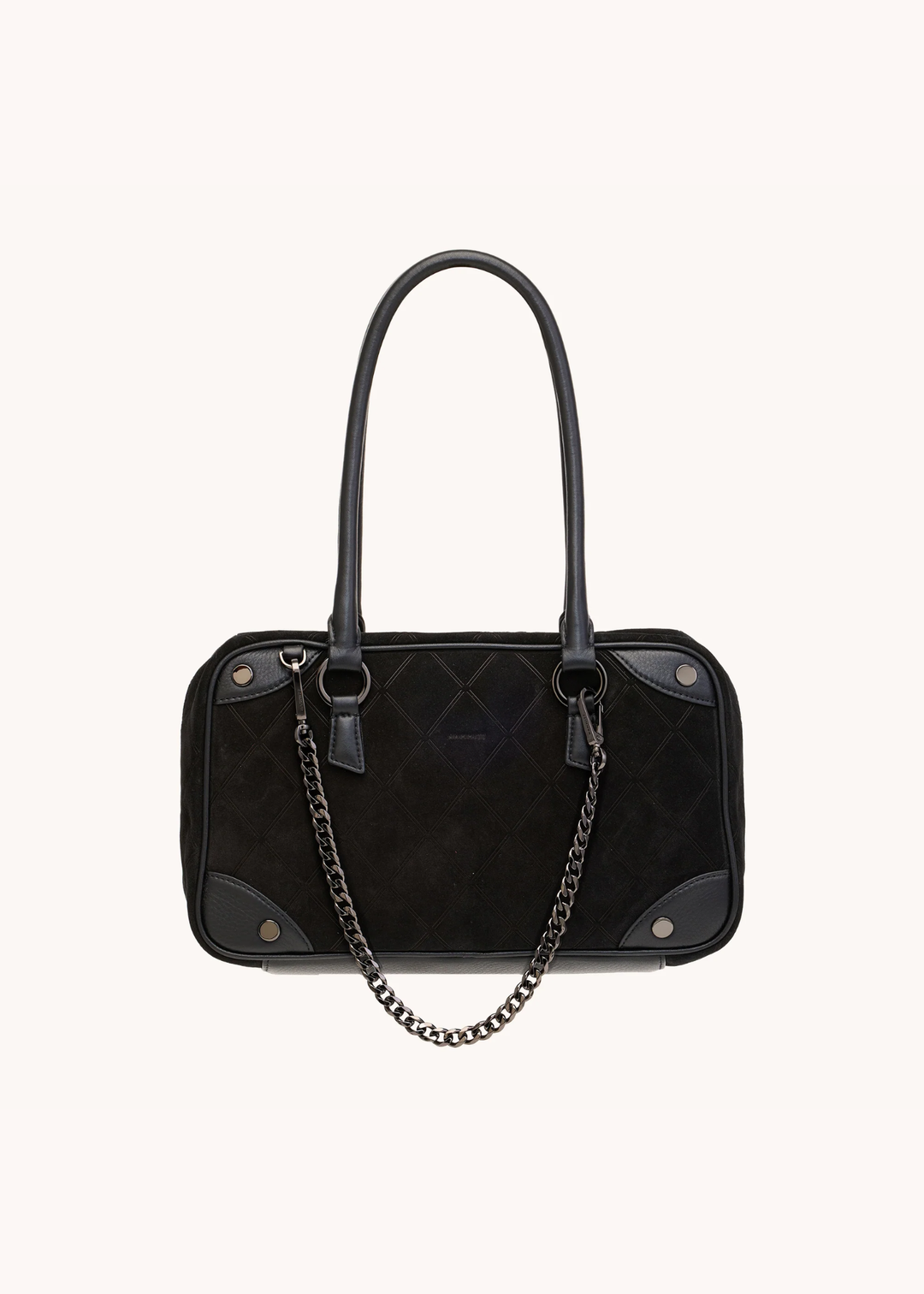 Black suede purse with a grey chain on a white background