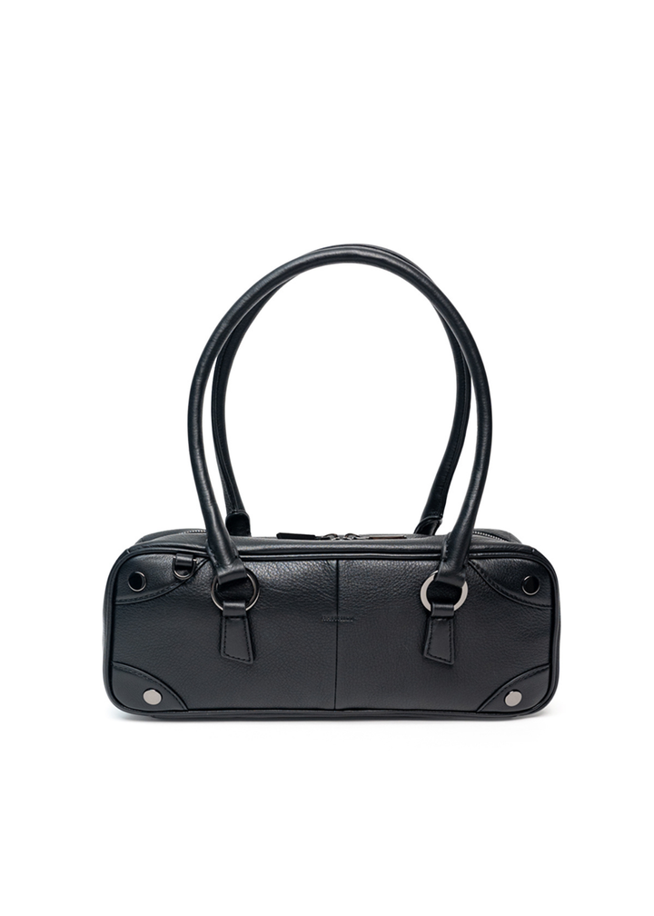 Black leather handbag on a white background