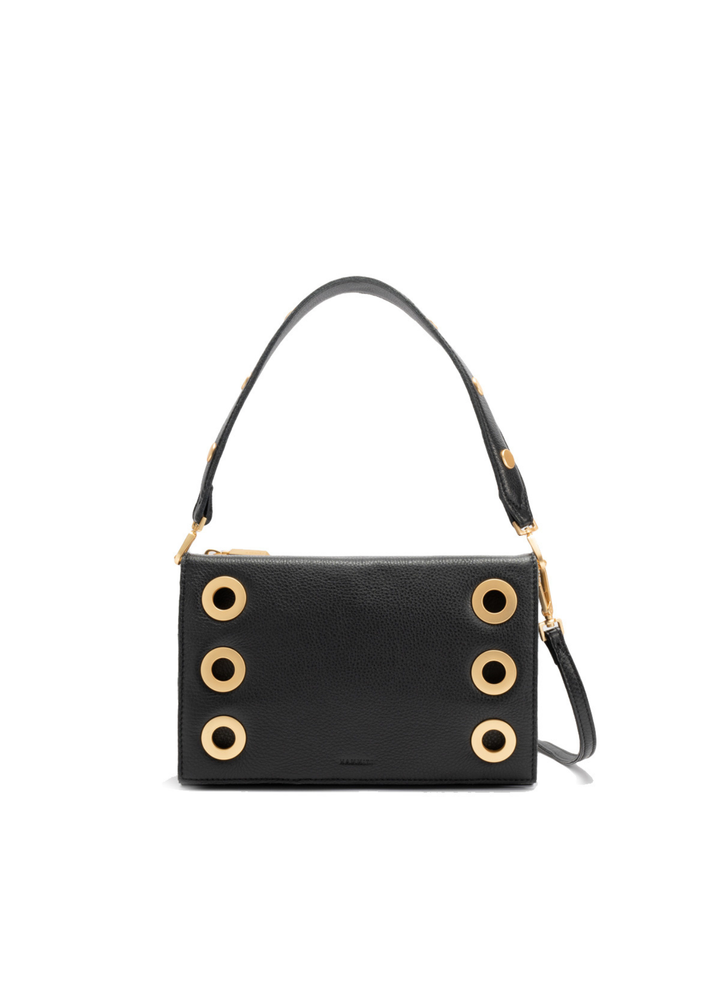 Black handbag with brushed gold hardware on a white background
