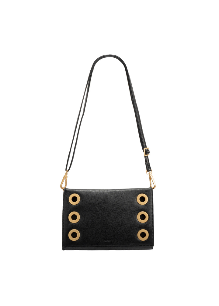Black handbag with brushed gold hardware on a white background