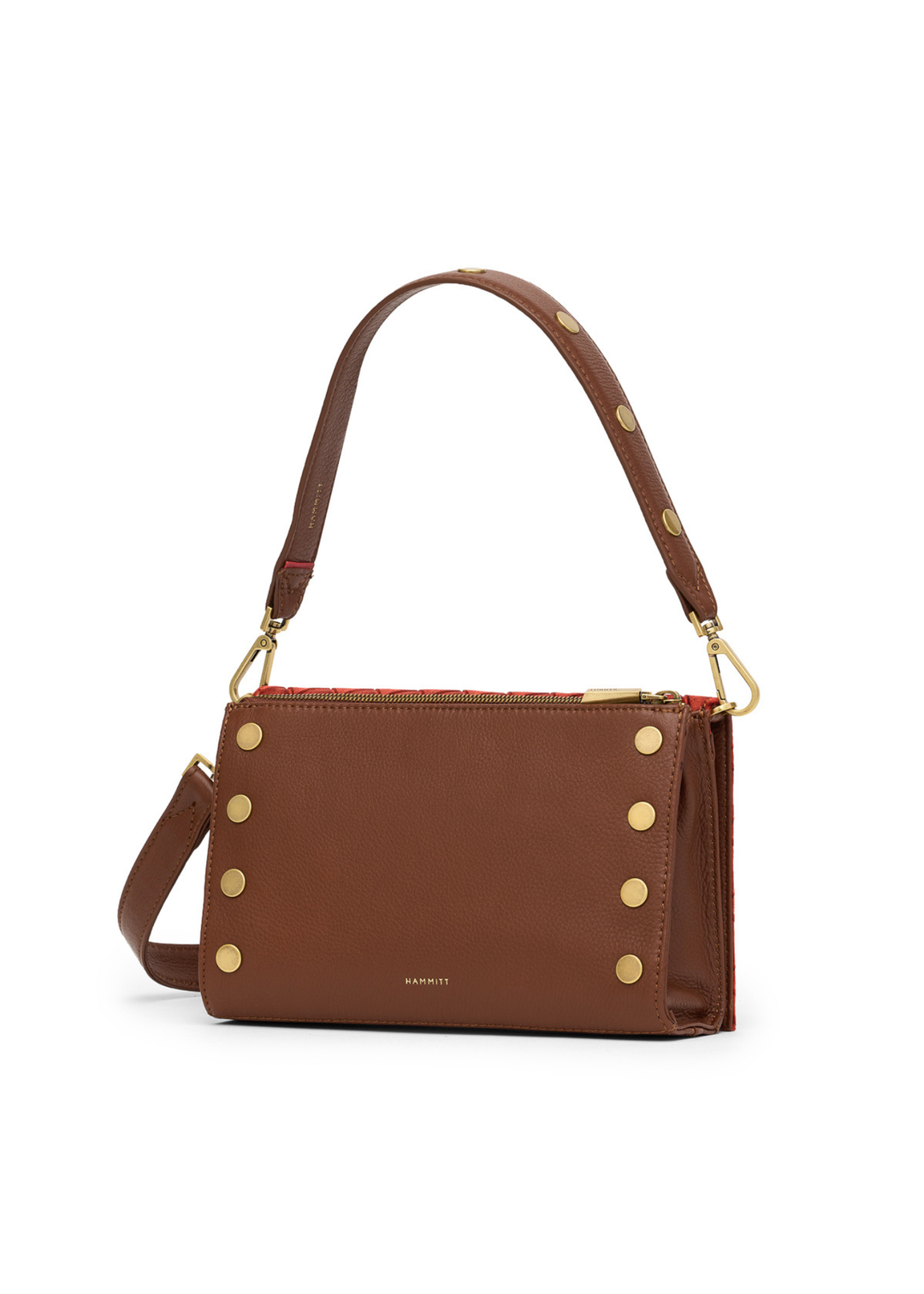 Brown leather handbag with gold accents on a white background
