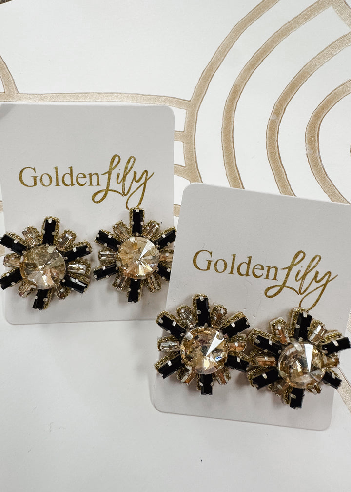 Rhinestone Burst Stud Earrings - Black and Gold