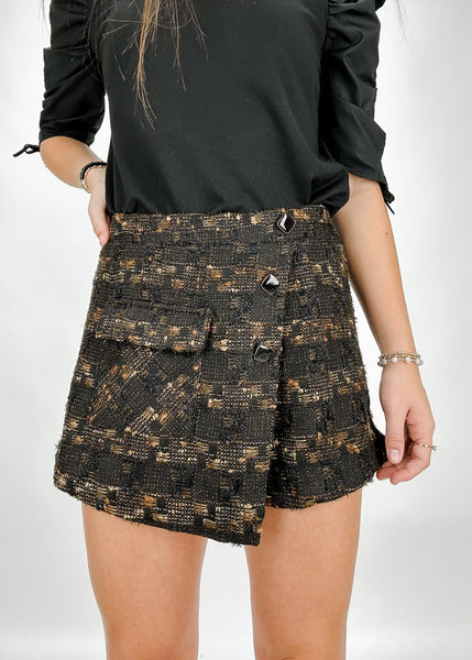 Brown plaid patterned flap pocket wrap from mini skirt with 3  black gemstone buttons