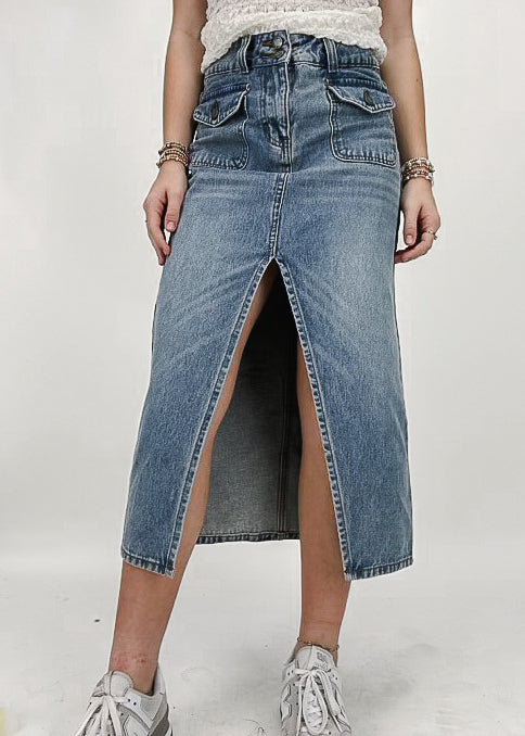 denim midi skirt with front split and two flap pockets