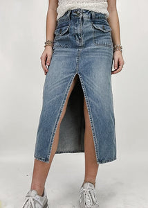 denim midi skirt with front split and two flap pockets